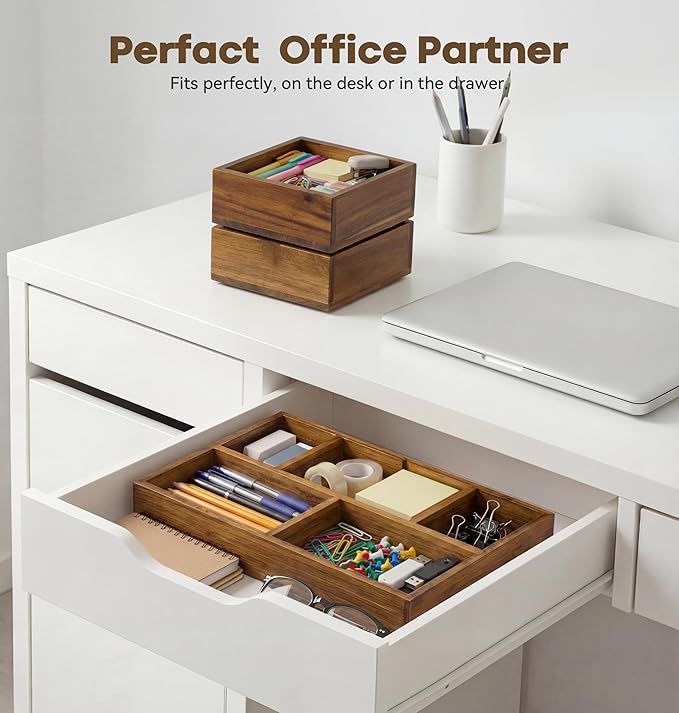 KOCWELL Bamboo Desk Drawer Organizer with Removable Dividers,Multi-Use Office Drawer Organizer Tray,Junk Drawer Organizers for Office,School,Kitchen,Makeup Supply（Carbon Brown）
