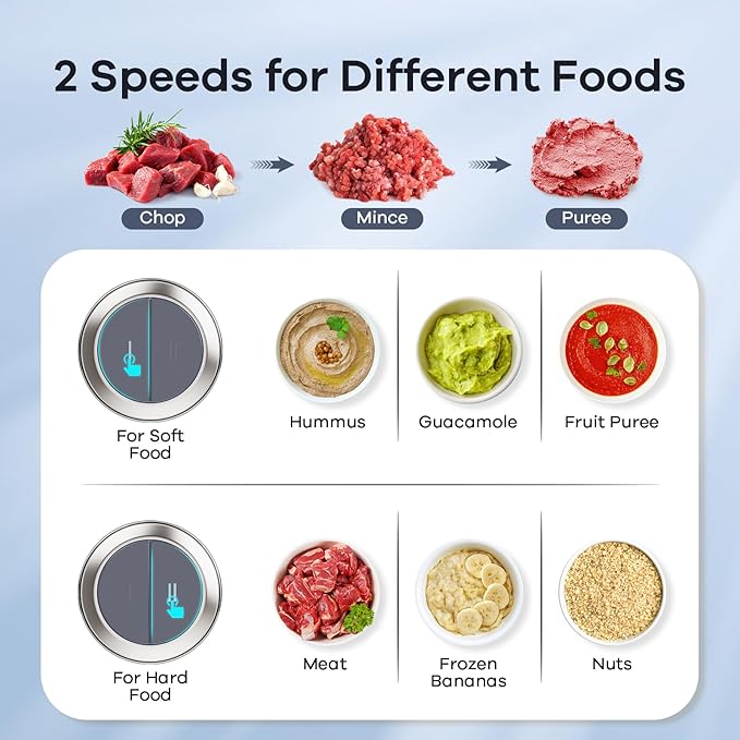 GANIZA Food Processors, Electric Food Chopper with Meat Grinder & Vegetable Chopper - 2 Bowls (8 Cup+8 Cup) with Powerful 450W Copper Motor - Includes 2 Sets of Bi-Level Blades (Grey)