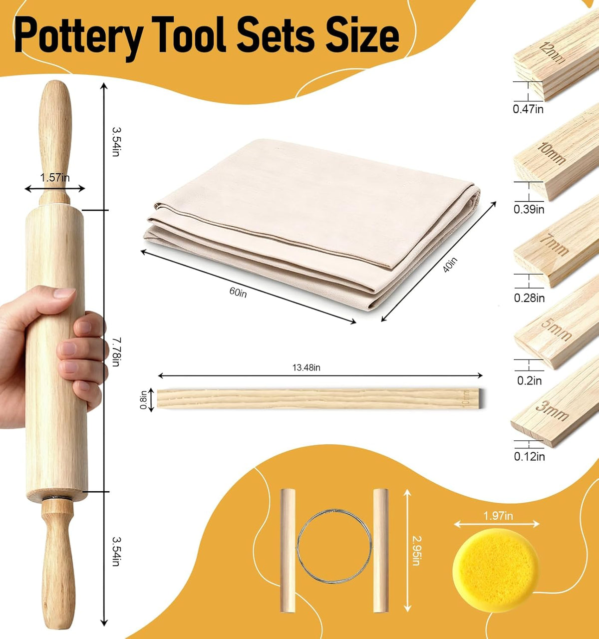 13 Pcs Pottery Tools, 5 Size Teaching Rolling Mud Stick Guide, Wood Rolling Pin, Pottery Special Linen, Clay Fabric, Sponge, Premium Pottery Tools for Hobbyists & Ceramic Artists