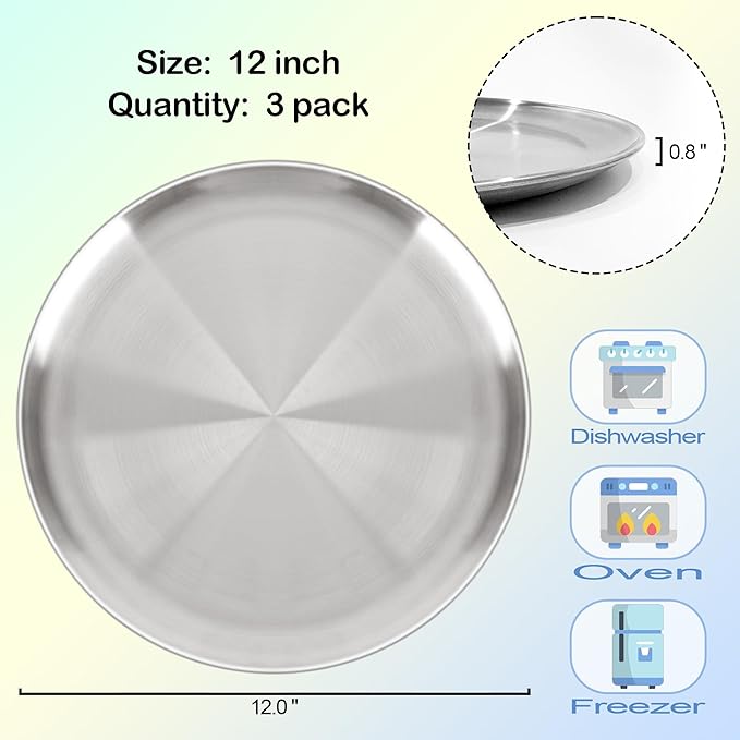 AWTBDP 12 Inch Pizza Pan Set of 3 for Oven, Non-Stick Stainless Steel Pizza Steel, Sturdy Non-Toxic Round Pizza Pans Tray for Cookie Pizza Pie Cake, Dishwasher Safe & Easy Clean