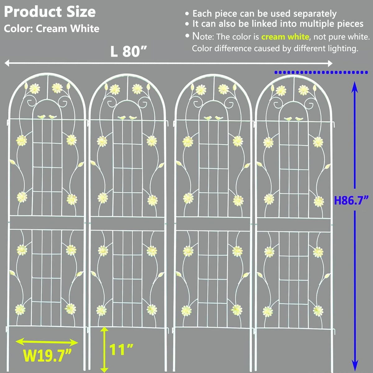 4 Pack Metal Garden Trellis 86.7" H Garden Fence Rustproof Trellis Cream White for Climbing Plants Support Roses Flower Cucumber Outdoor Lawn, White