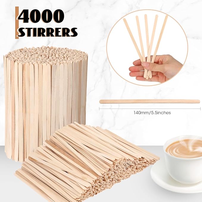 Meanplan 4000 Pack Birch Wood Coffee Stir Sticks 5.5 Inch Disposable Wooden Coffee Stirrers Bulk Long Tea Stirring Stick Round End Swizzle Beverage Mixer for Cocktail Hot Chocolate Drink Summer