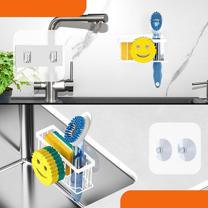 Sponge Holder Smiley Face,Sink Caddy,Kitchen Organizer with 2 Suction Cups/1 Adhesive Strips,Designed for Sponge,Soap,Dish Brush,Scrubber - White