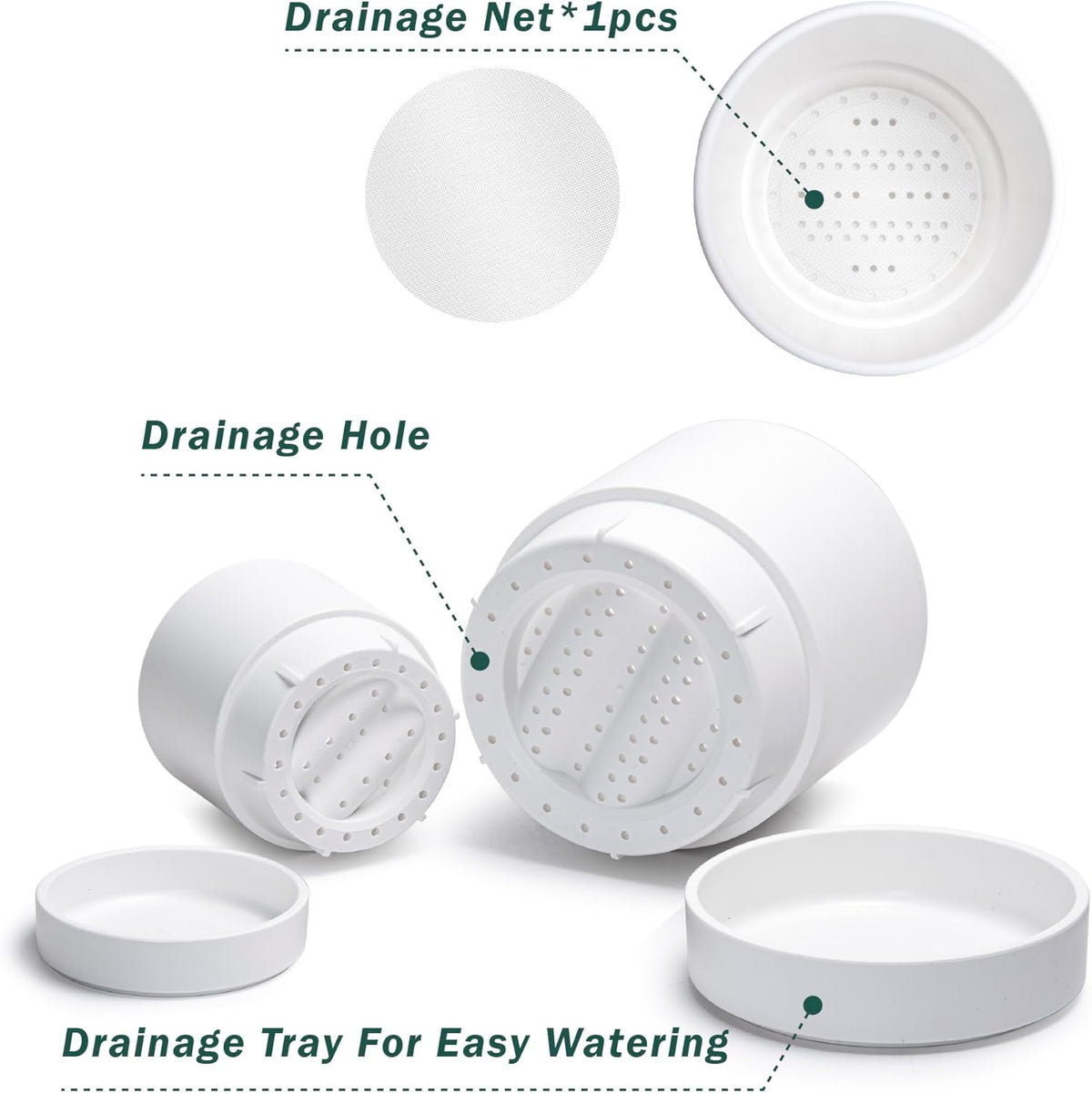 Phoenix Vine 6 Inch and 8 Inch Planter Pot with Drainage Hole & Deep Water Catch Tray Saucer, Straight Cylindrical Round Pot for Plants, Matte White, 23-A-1-Y