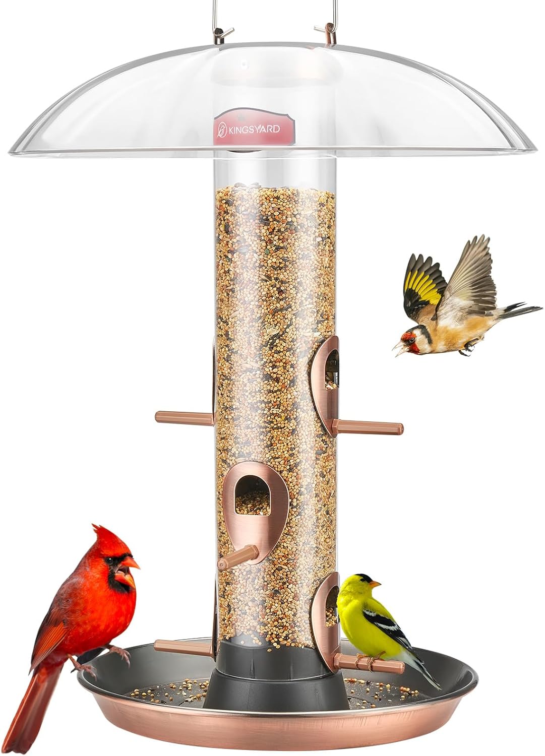 Kingsyard Metal Bird Feeders for Outdoors Hanging, Wild Bird Feeder for Finch Cardinal, Large Tray and Rainproof Dome, 2 lbs Seeds Capacity (Antique Copper)