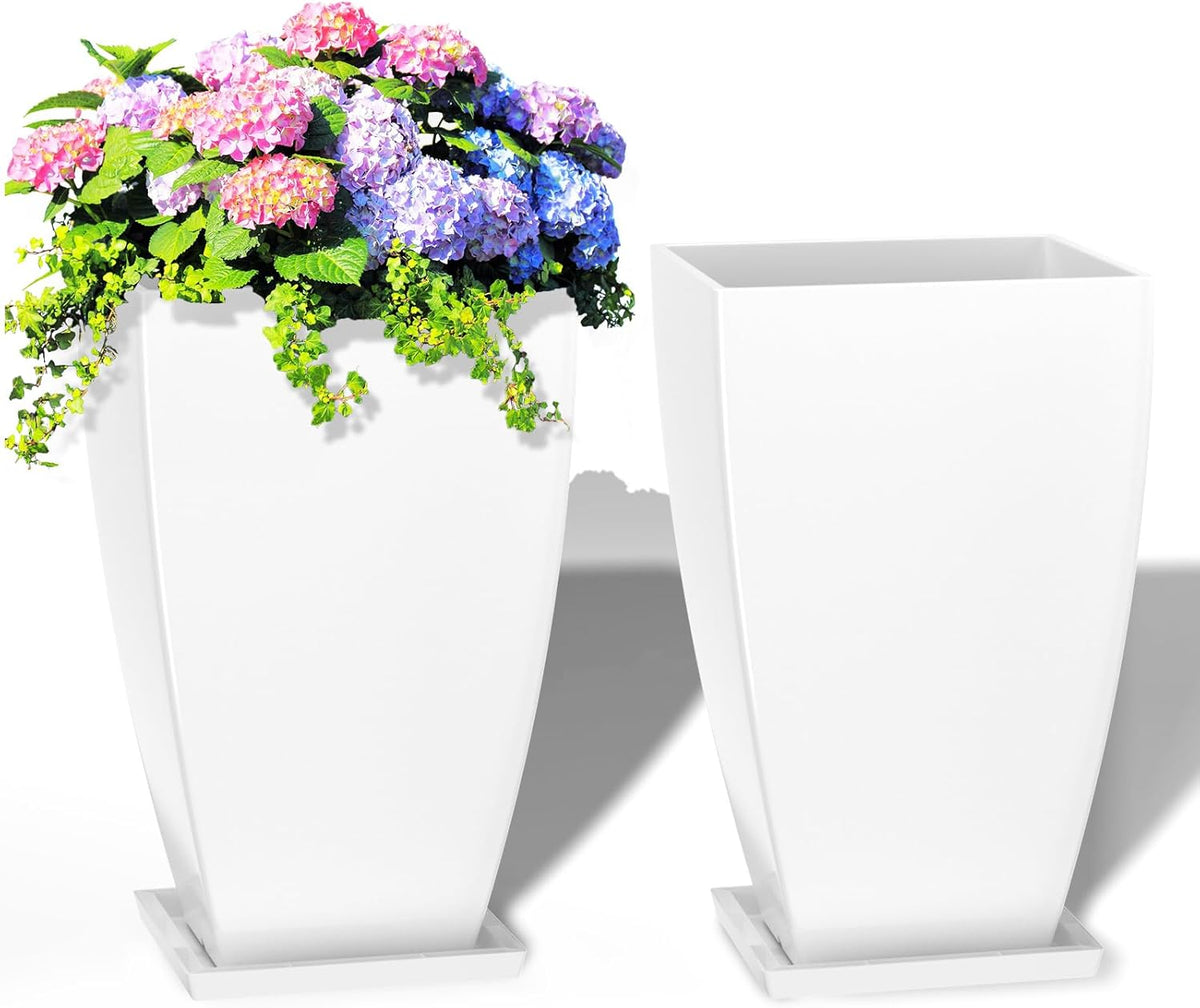 21" Tall Outdoor Planters Set of 2,Front Porch Planter Pots with Drainage Design Holes for Patio, Porch, Garden, Indoor,White