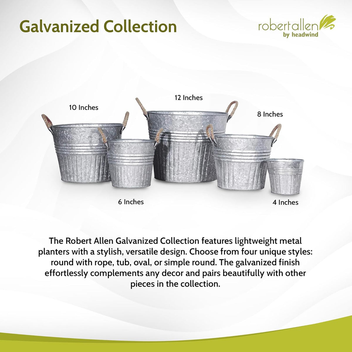 Headwind Round Galvanized Bucket w/Rope Handles – 10 Inch Metal Tub Bucket Planter for Outdoor Plants with Drainage Hole – Galvanized Large Outdoor Planters Buckets by Robert Allen