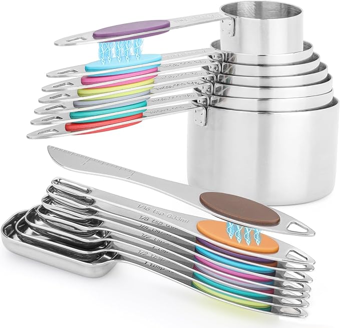 Magnetic Measuring Cups and Spoons Set, 15 Piece Stainless Steel Measuring Cups and Spoons for Measure Dry and Liquid Ingredients (Colorful)