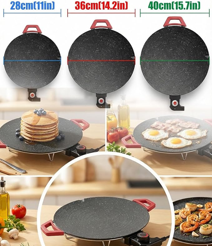 Non-Stick Electric Indoor Grill Pan, Smokeless Electric Griddle with Temperature Control, Round Baking Pan for BBQ, Steaks, Pancakes & Comal Electrico para Tortillas (40cm/15.7in)