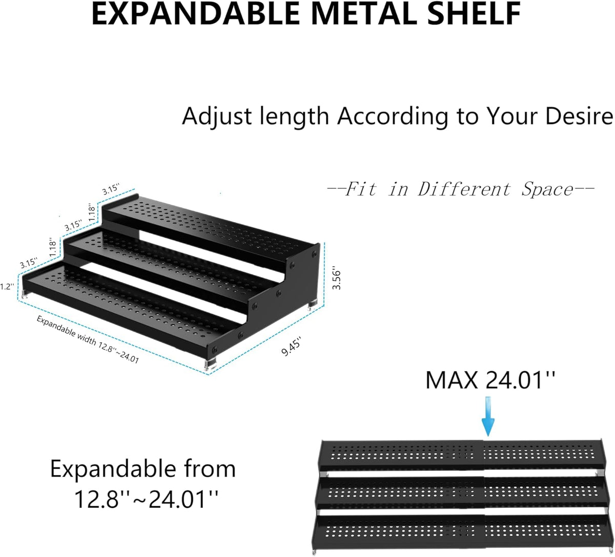 Expandable Spice Rack organizer with 3-Tier step shelf,Modern Design heavy duty,Non Skid and Visibility ,Great for Kitchen Cabinet,Bathroom,dressing table,Cupboard, Pantry and more(2PACKS/BLACK)
