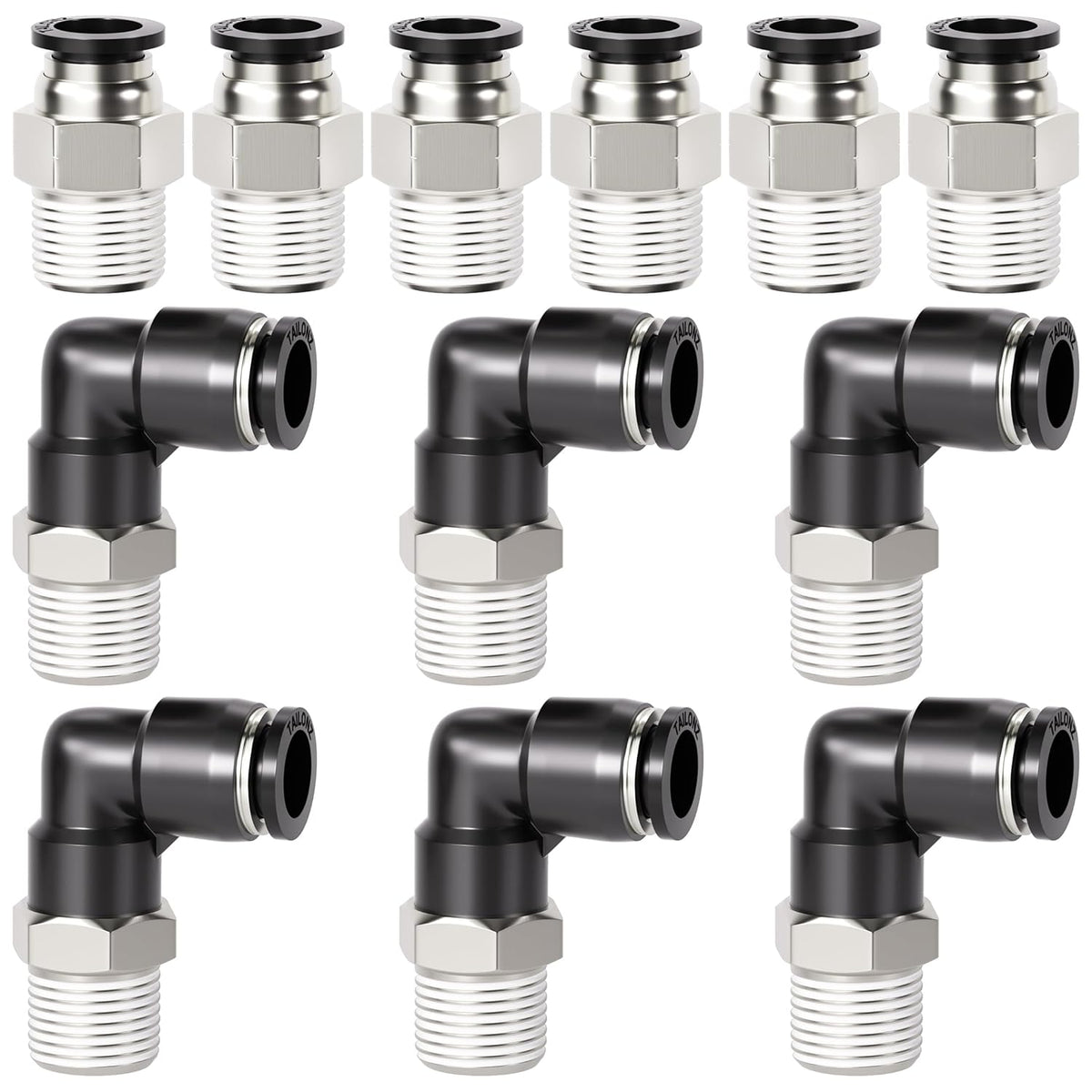 TAILONZ PNEUMATIC Elbow and Straight Combination 5/32 Inch Tube OD x 1/8 Inch NPT Thread Push to Connect Fittings PC-5/32-N1+PL-5/32-N1(Pack of 12)