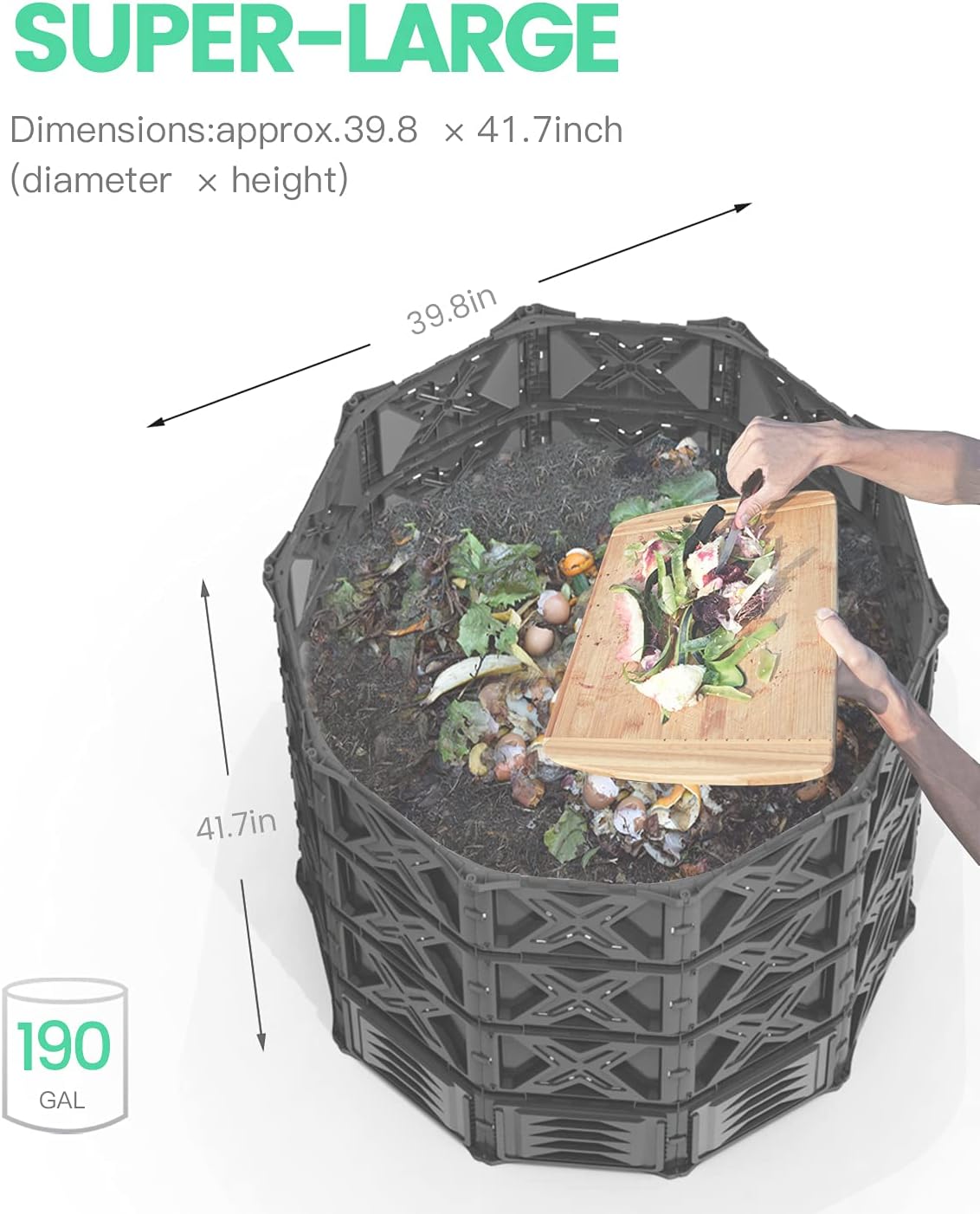 Large Compost Bin - 190 Gallon (720 L) Garden Composter with Better Aeration System, Easy Assembling/BPA Free/Sturdy/Outdoor Compost Tumbler