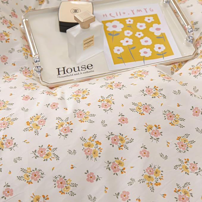 French Style Ruffle Floral Comforter Set Twin XL Vintage Garden Floral Bedding Comforter Reversible Yellow Plaid Bedding Set Rose Flowers Botanical Comforter Set with 2 Pillowcases for All Season
