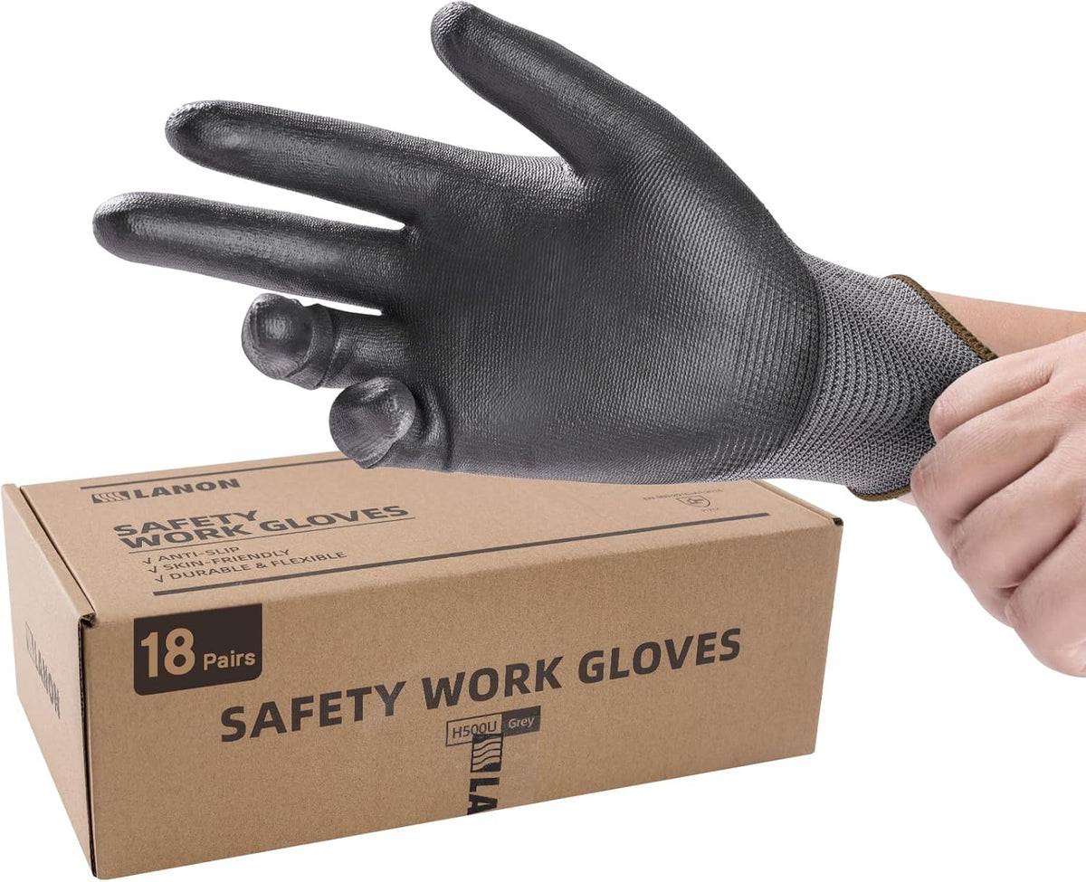 LANON 18 Pairs Safety Work Gloves, Mechanic Working Gloves for Men,Breathable PU Coated, Seamless Knit,Double Wash, Grey, Large