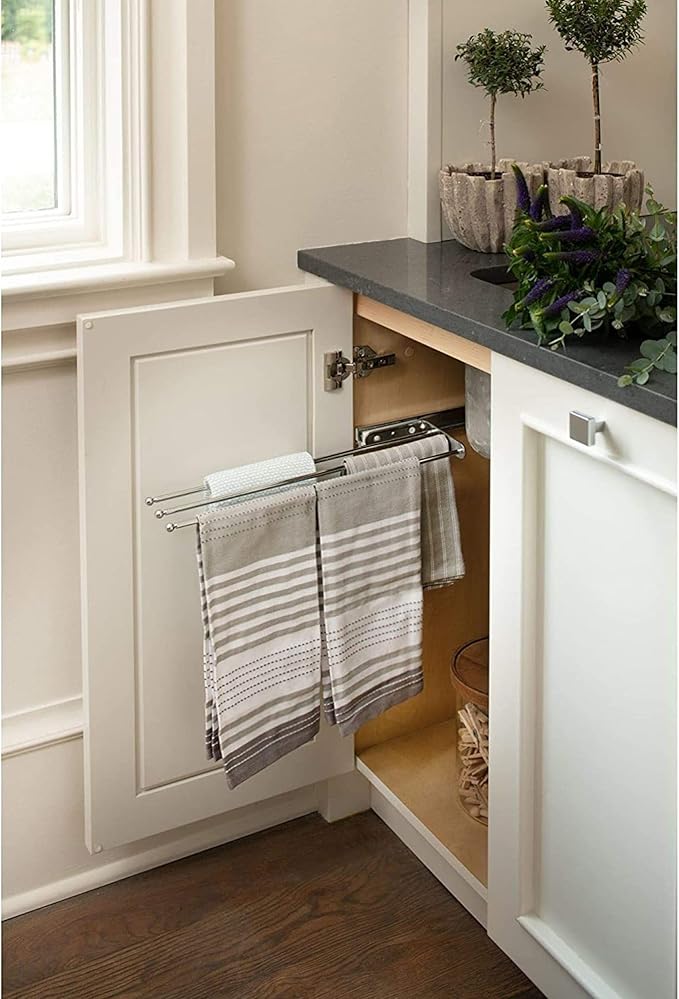 Rev-A-Shelf Under Sink Hand Towel Holder for Kitchen and Bathroom Cabinets, Pullout Extension Three Prong Wire Dish Rag Rack Hanger, White, 563-47