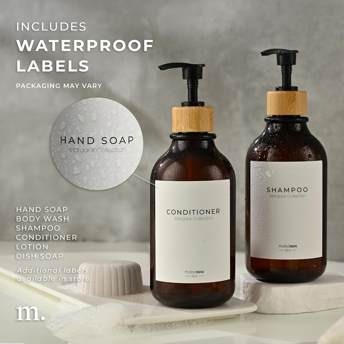 Maisonovo Plastic Soap Dispenser Set | Hand Soap and Dish Soap Dispenser Set | 16.9oz Amber Bottles with Black Bamboo Pump | Bathroom Lotion Dispenser with Pump Set of 2