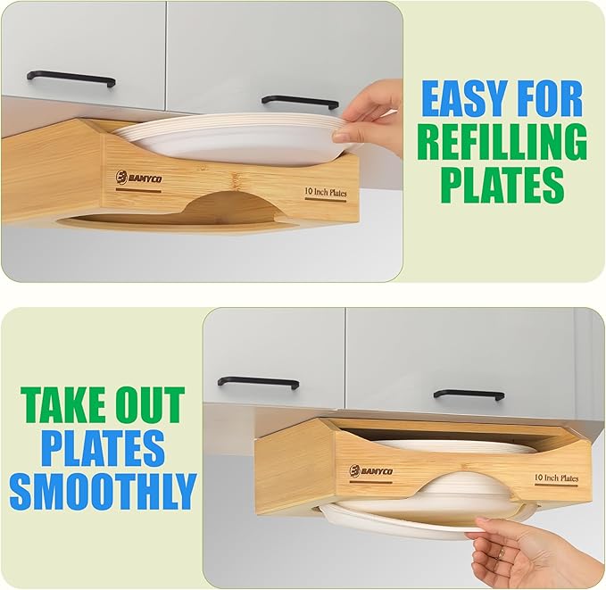 Bamboo Paper Plate Dispenser Under Cabinet for 10 Inch Paper Plates - Plate Organizer for Cabinet – Storage Paper Plate Holders Reusable for Kitchen organizer and Plastic Dinner Plates Disposable