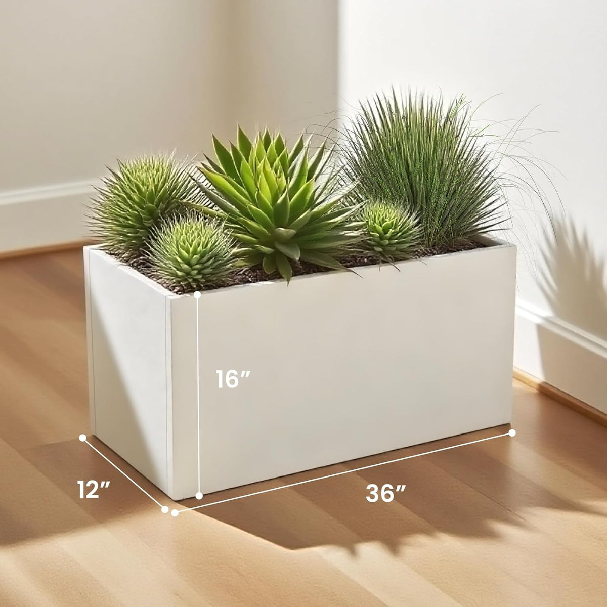Galvanized Steel Garden Planter - White Matt Galvanized Metal Planter Box - Modern Metallic Heavy Planter - Indoor & Outdoor, Commercial & Residential (White, L36 x W12 x D16)