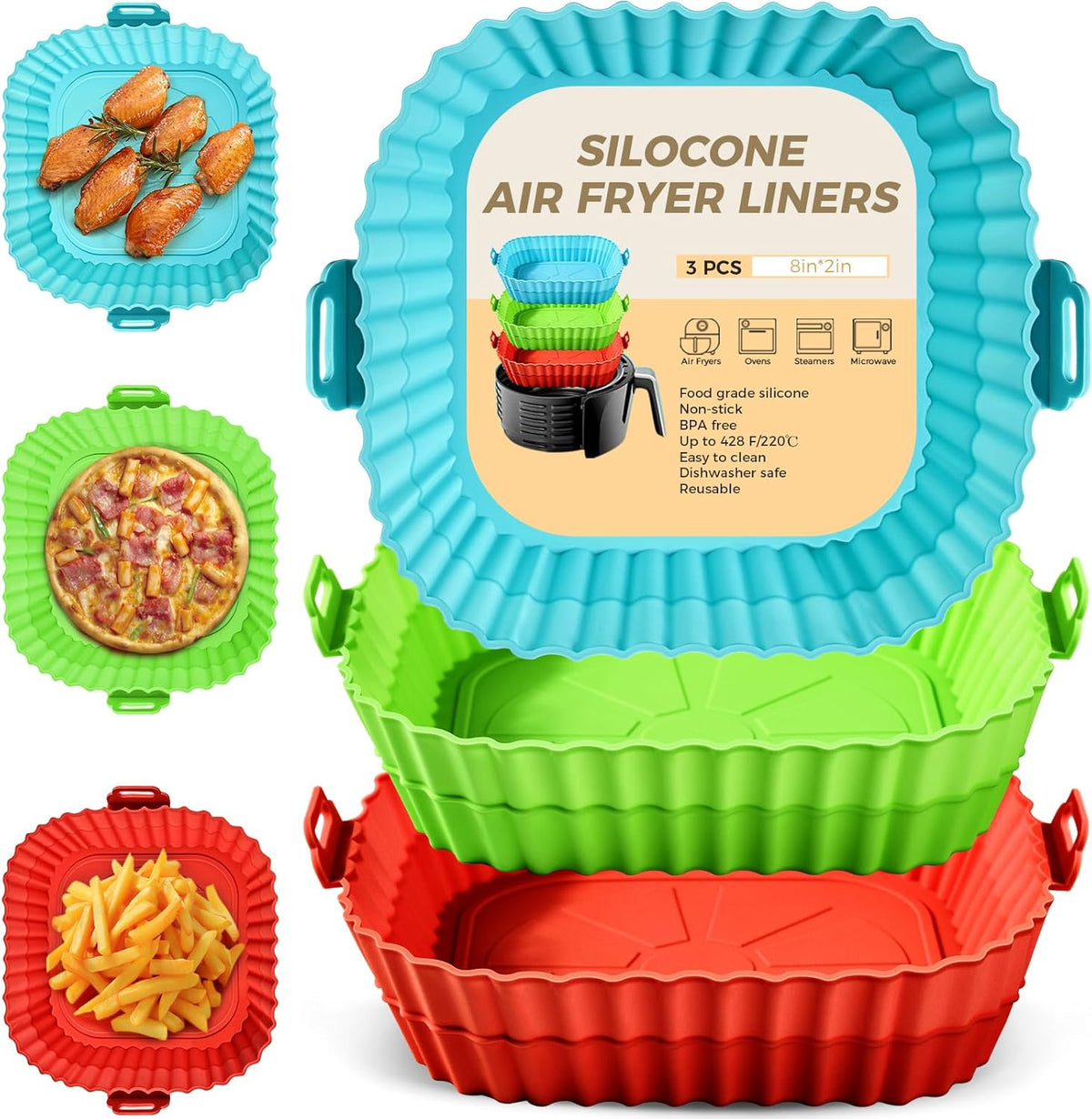 Buauty 3 Pack Air Fryer Silicone Liners 8inch, Reusable Food Grade Silicone Airfryer Liners, Baking Basket Accessories, Replacement of Flammable Disposable Parchment Paper