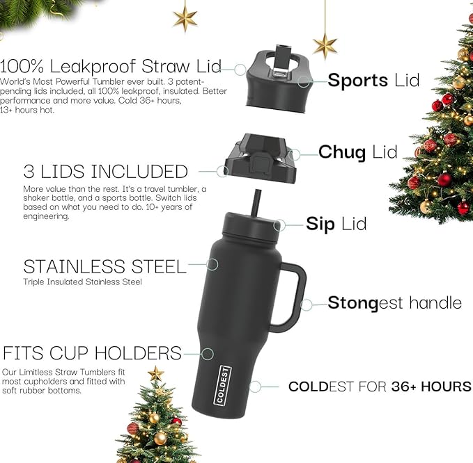 Coldest Tumbler with Handle and Straw - 100% Leak Proof Insulated Tumbler with Lid and Straw (3 Lids) - Stainless Steel Tumblers for Women & Men - Cup Holder Friendly Base, 46 oz (Purple Oasis)