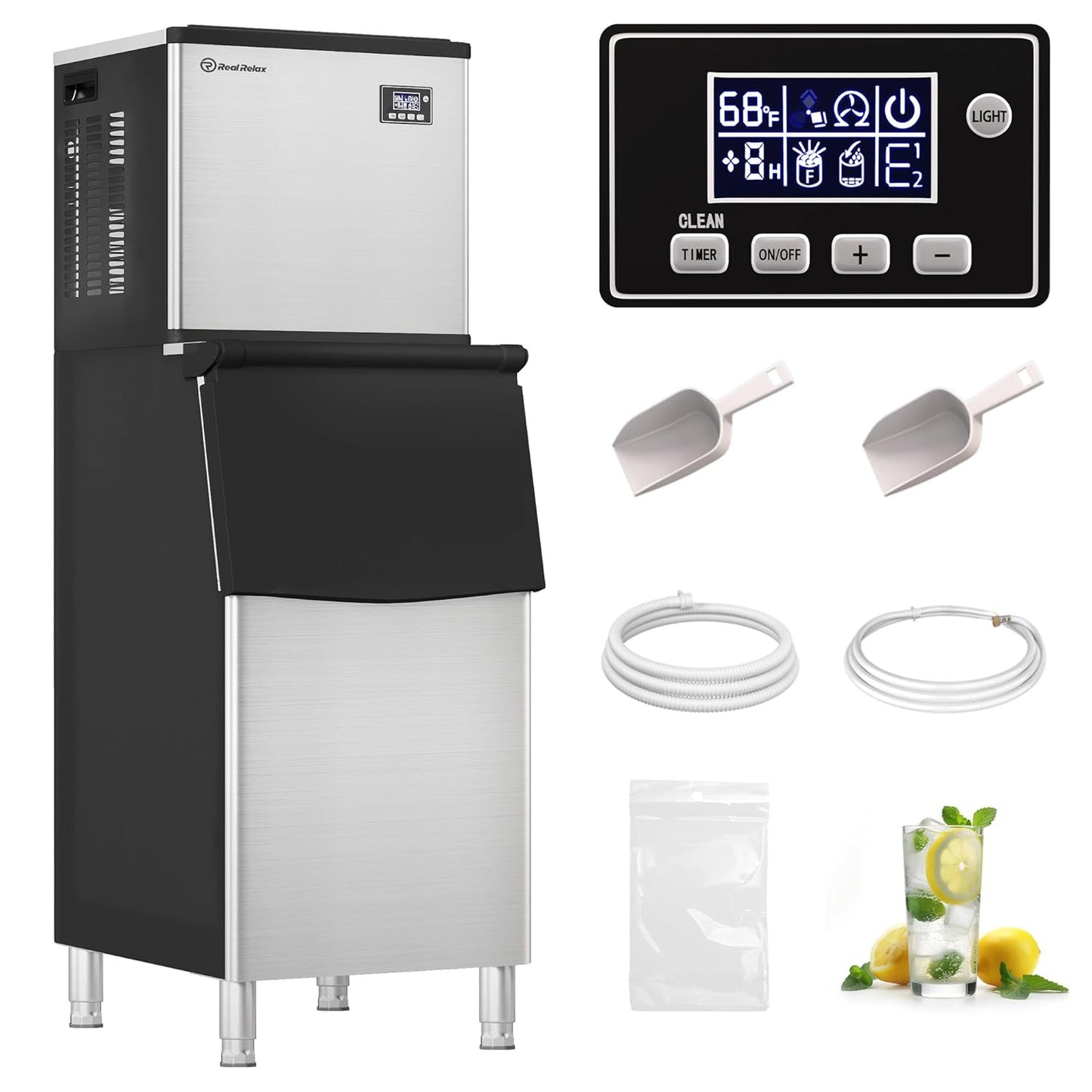 Real Relax Commercial Ice Machine 360LBS/24H, ETL Approved Industrial Ice Maker Machine with 200 LBS Storage Bin, Ice Scoop, Auto Self-Cleaning, LCD Display for Restaurant Bar Café