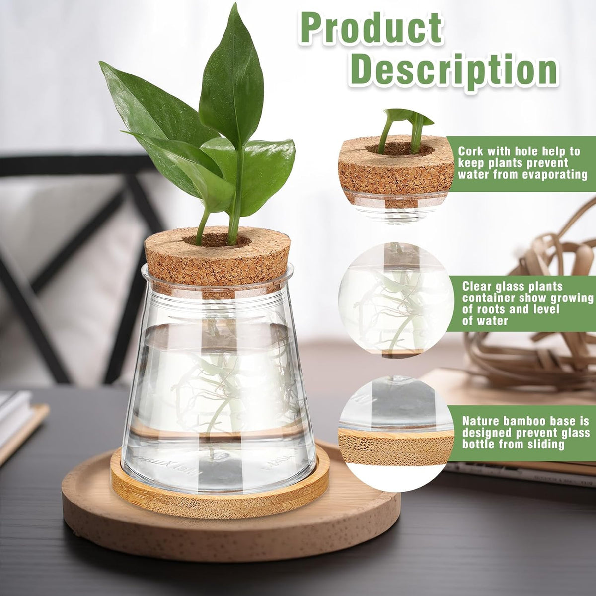 Baderke 12 Packs Plastic Desktop Vase with Hole Lid and Bamboo Stand Plant Propagation Stations Plant Growing in Water Hydroponic Home Office Table Decoration (Fresh Style)