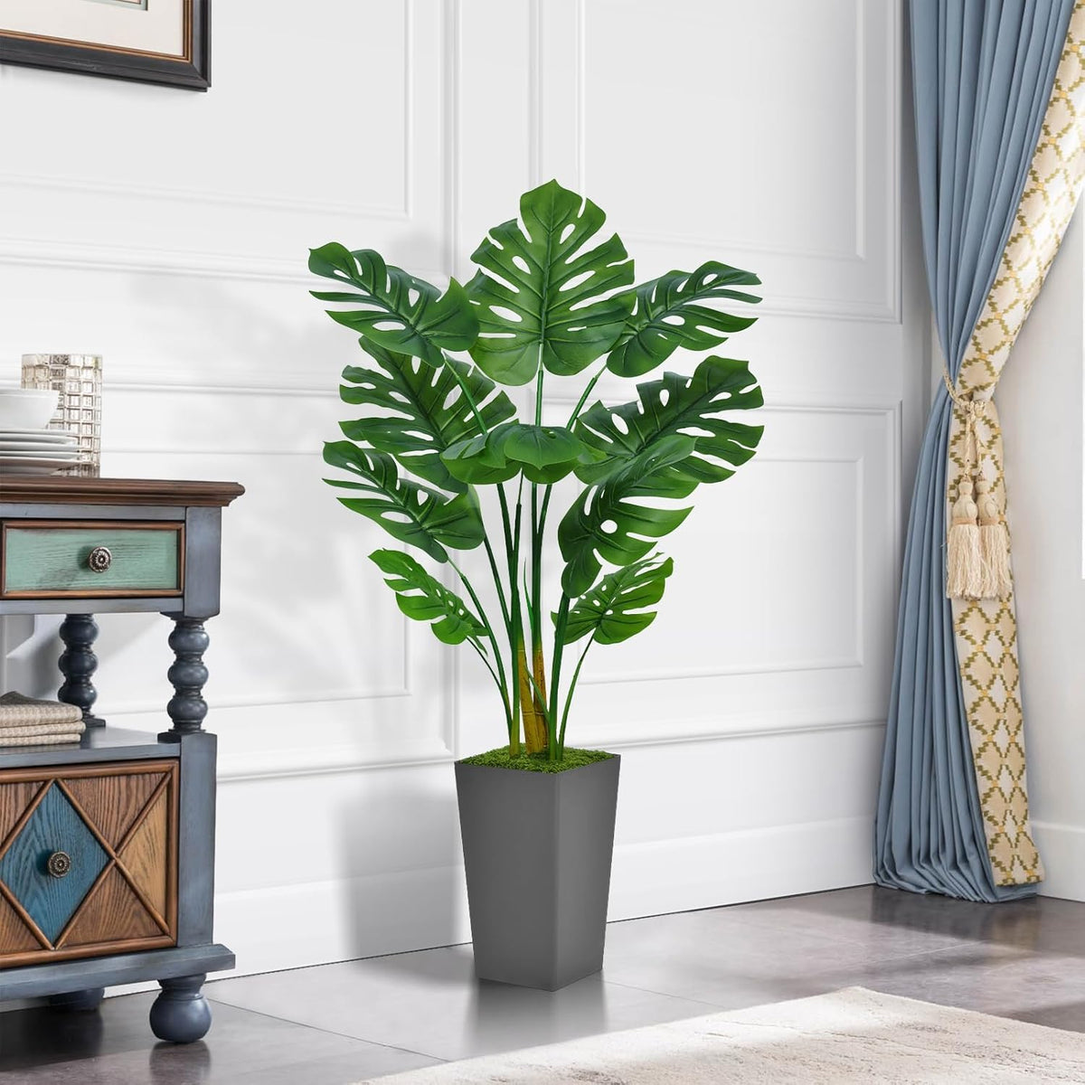 Artificial Monstera Deliciosa Plant 5FT - Faux Tropical Palm Tree with Gray Tall Planter - Fake Swiss Cheese Floor Plant Potted - Artificial Tree for Home Office Living Room Decor Indoor