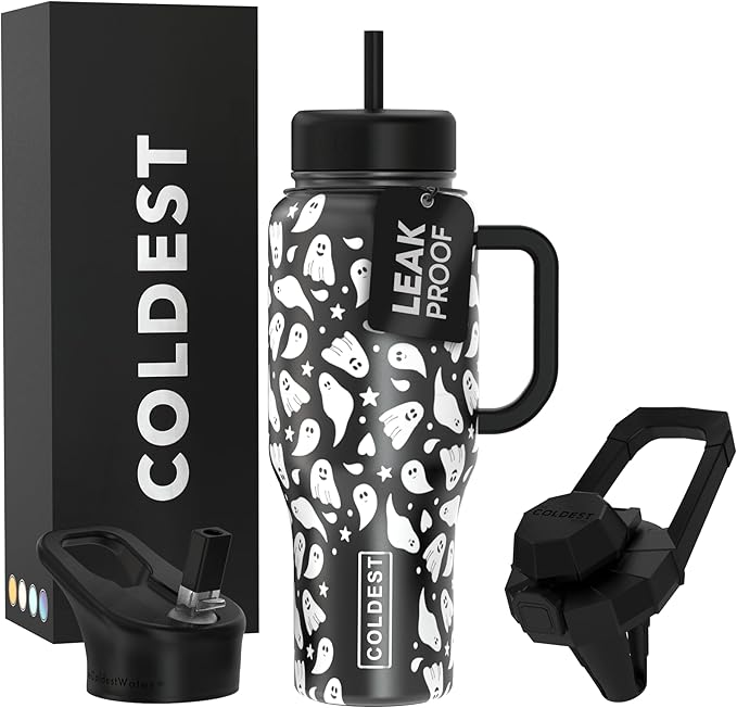 Coldest Tumbler with Handle and Straw - 100% Leak Proof Insulated Tumbler with Lid and Straw (3 Lids) - Stainless Steel Tumblers for Women & Men - Cup Holder Friendly Base, 36 oz (Ghosts)