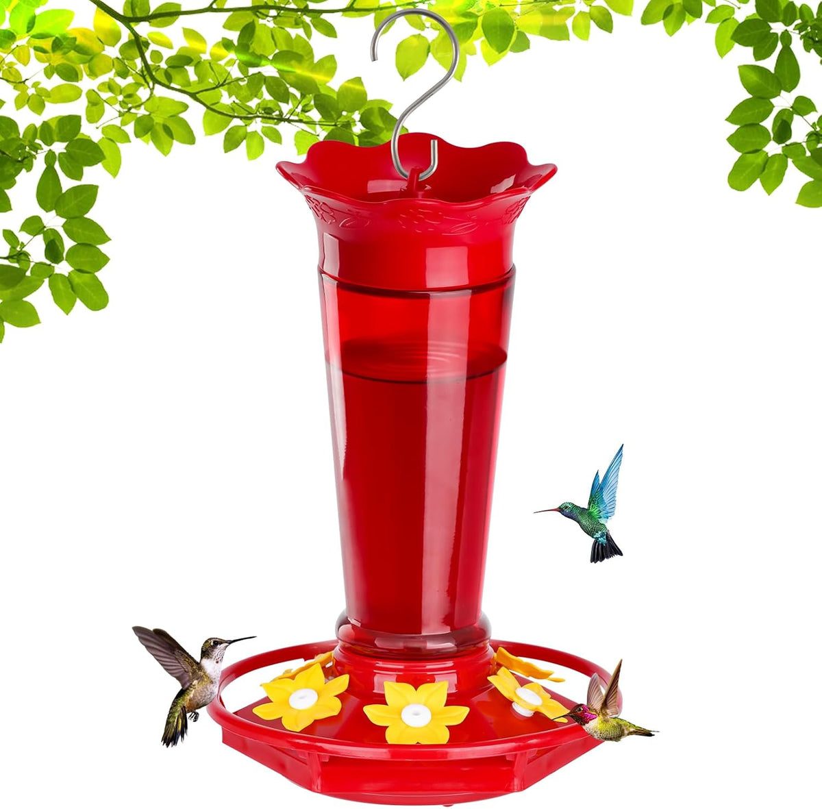Glass Hummingbird Feeders for Outdoors Hanging Ant and Bee Proof Red 10 OZ Bird Feeders for Outside Hanging 6 Feeding Stations Bird Nectar Feeder for Garden Yard Décor Gifts for Mom