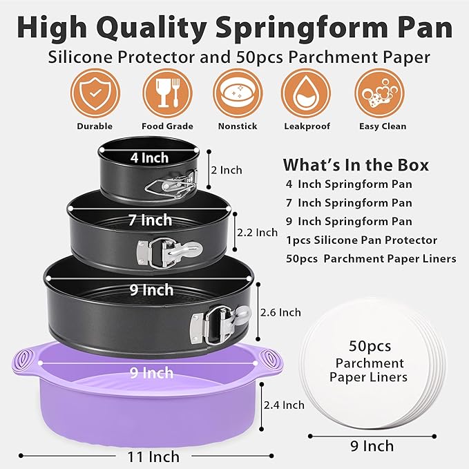 Springform Pan Set of 3 Leakproof Spring Form Pan for Cheesecake, Nonstick 4 7 9 Inch Cheesecake Pan with Silicone Protector, Springform Cheese Cake Pans Sets for Baking with 50Pcs Parchment Paper
