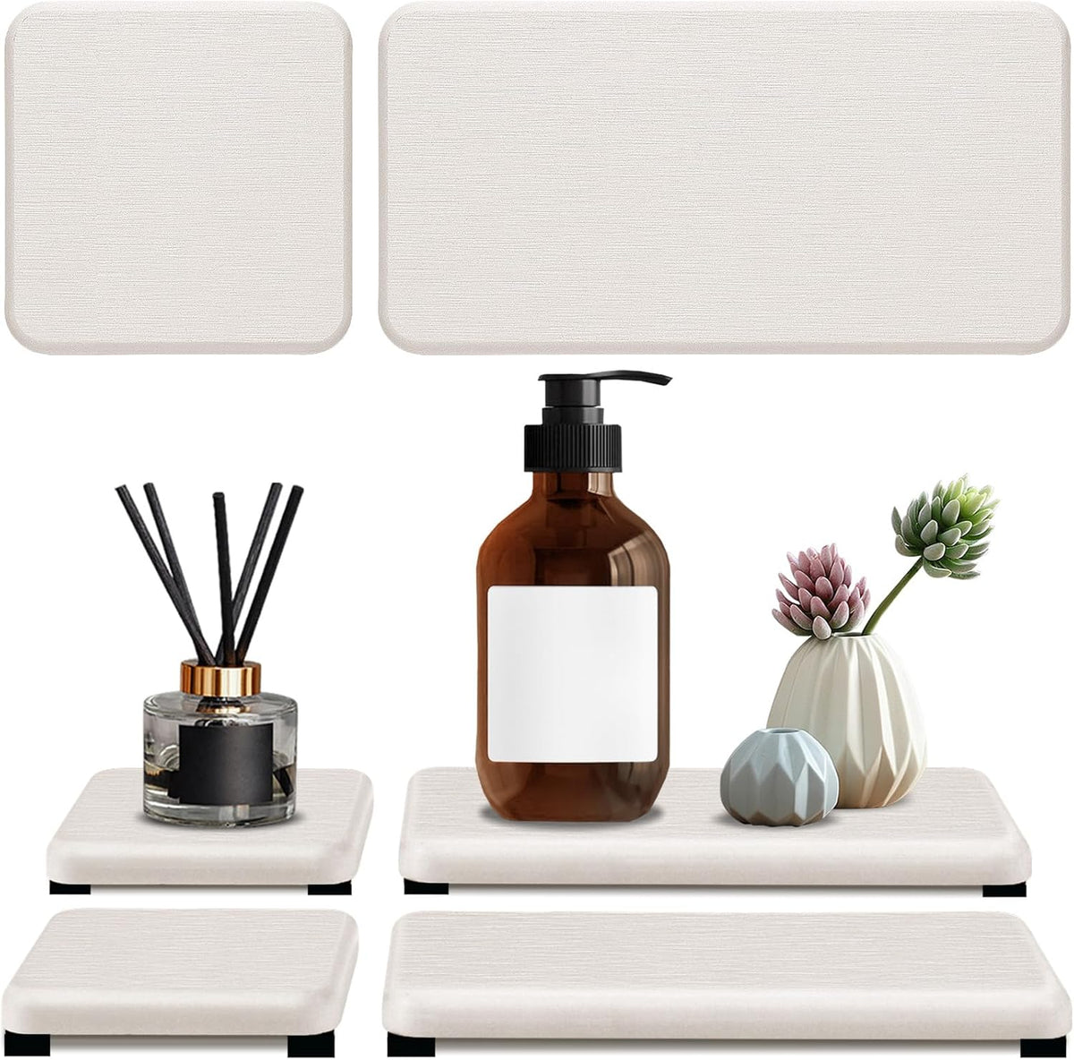 4PCS Water Absorbing Stone Tray, Quick Drying Diatomite Stone Sink Tray, Water Absorbent Stone Coasters for Bathroom Counter, Kitchen Soap Dish Holders Toothbrush Holders in Modern Home