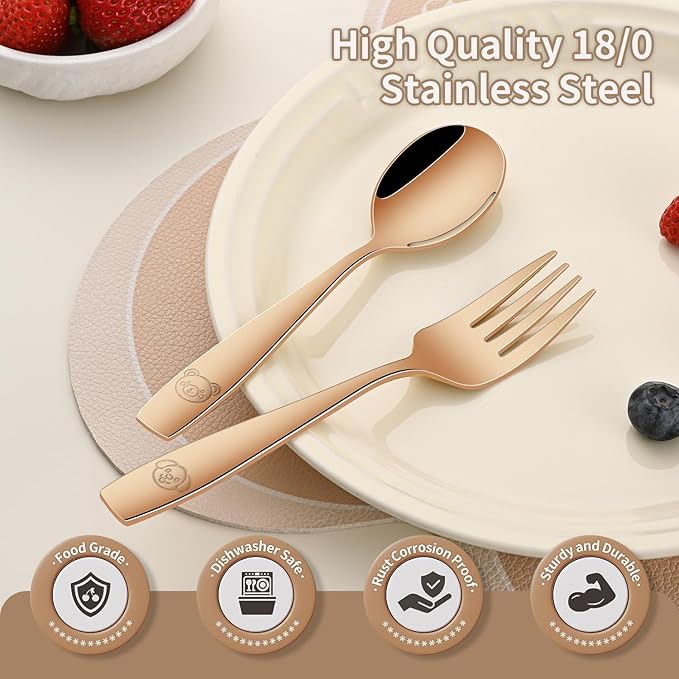DEHOV Rose Gold Toddler Eating Utensils Set,Set Of 12 Food Grade Stainless Steel Silverware Sets For Kids,Dishwasher Safe Children Small Metal Spoons And Forks Flatware Sets