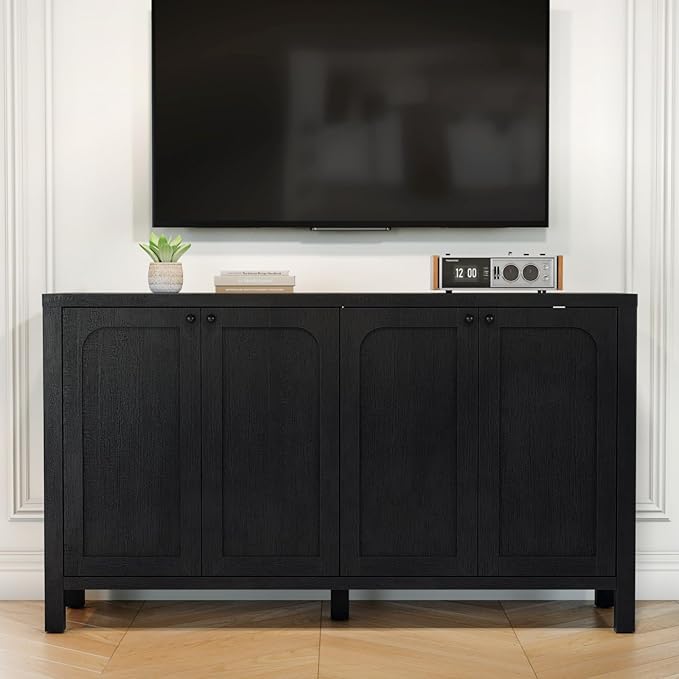 55" Black Sideboard Buffet Cabinet with Storage Modern Credenza with Doors Heavy Duty Wood TV Media Console Table Accent Cabinet for Living Room Hallway Entryway