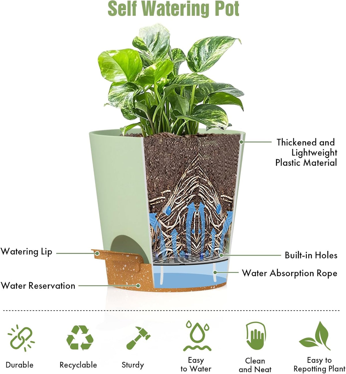 4 inch Self Watering Pots for Indoor Outdoor Plants, 6 Pack Plastic Flower Planters with Drainage Holes and Removable Saucers, Plant Pots with Wicking Rope, Modern Decor, Green Brown