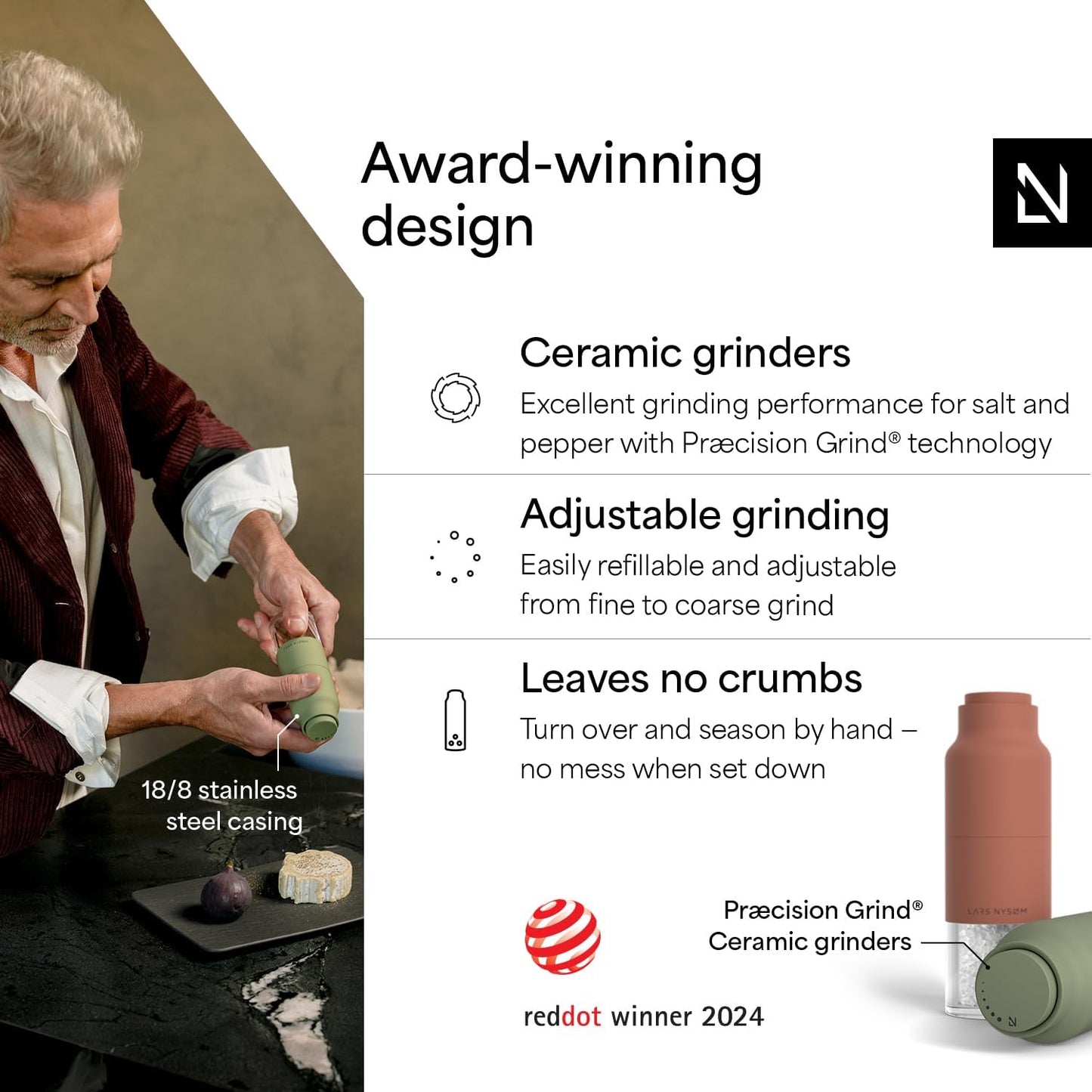 LARS NYSØM Salt and Pepper Grinder Set, Stainless Steel Manual Salt and Pepper Mills, Adjustable Ceramic Grinder, Design Spice Shakers (Red/Green)