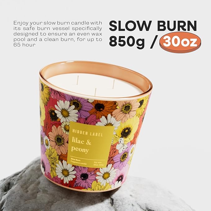 Lilac & Peony Scented Candle, 30oz Large 3 Wick Soy Candle for Home, 100 Hours Long Burning Highly Scented Candles, Luxury Glass Jar Candle, Gifts for Women, Mother's Day, Home Decor