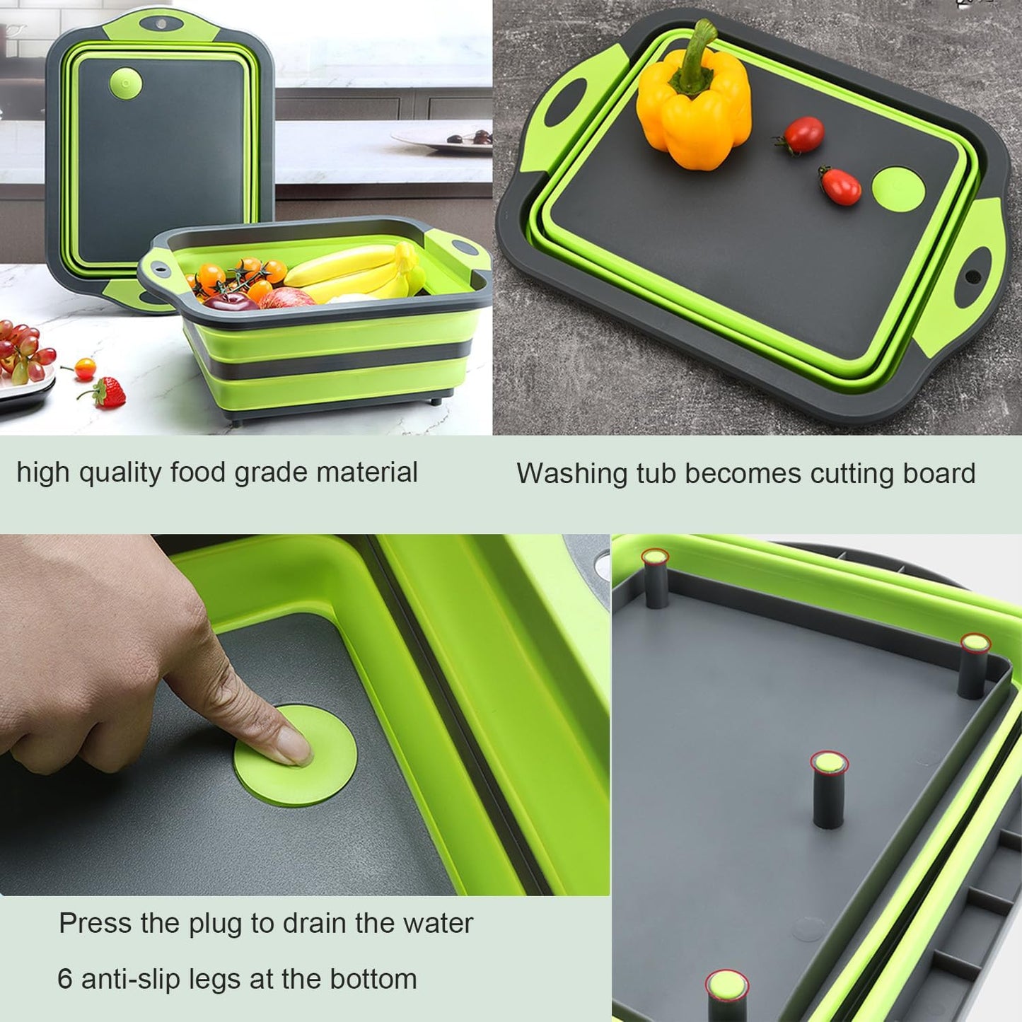 Camping Collapsible Cutting Board Dish Basin BBQ Prep Tub Camp Sink Dish Washing Station Multifunctional Storage Basket(Grey green)