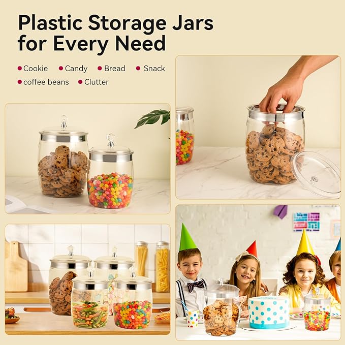 2 Pcs Candy Cookie Jar with Lids - 128 Oz & 74 Oz Plastic Clear Airtight Containers Large Kitchen Pantry Food Apothecary Storage Sealed Canisters for Coffee Cereal Pasta Flour Rice Snack