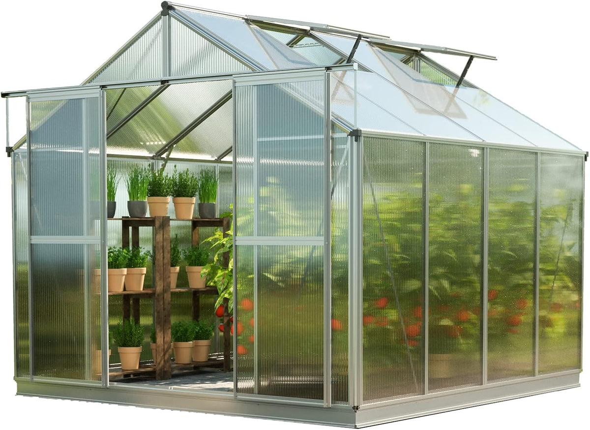 Greenhouse Topas 4 Aluminum Frame 7.4 x 8.5 ft Approx. 8 mm Polycarbonate Panels - with Bonus Base Frame and Automatic Vent Opener