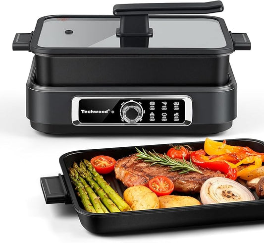 Indoor Grill, Techwood Electric Indoor Grill Griddle 7.5-Quart 1500W Versatile Multi-Cooker with 5-Level Heat Settings, Come with Removable Non-stick Grill Pan& Cooking Pot, Dishwasher Safe