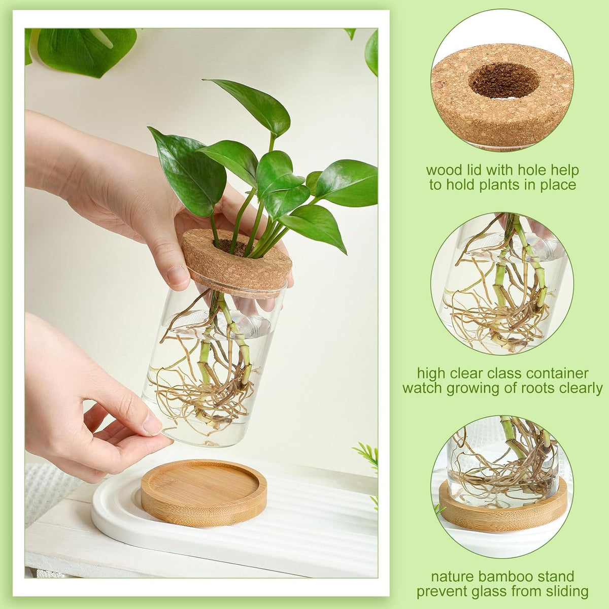 Layhit 4 Pcs Plants Propagation Stations vases Glass Planters with Wooden Lid and Bamboo Stand for Hydroponic Plants Gardening Gifts for Women Mom Home Office Tabletop Decoration(Novelty Style)