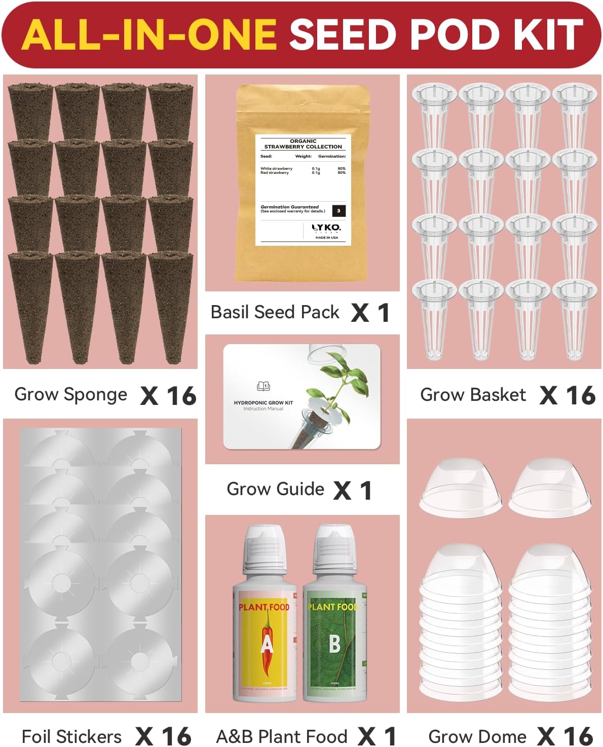 LYKOCLEAN Hydroponic Seed Pod Kit Compatible with AeroGarden, Ahopegarden, iDoo, MUFGA, 16 Pods Complete Growing Anything Garden Supply with Strawberry Seeds, Grow Sponges, Baskets, Domes, Labels