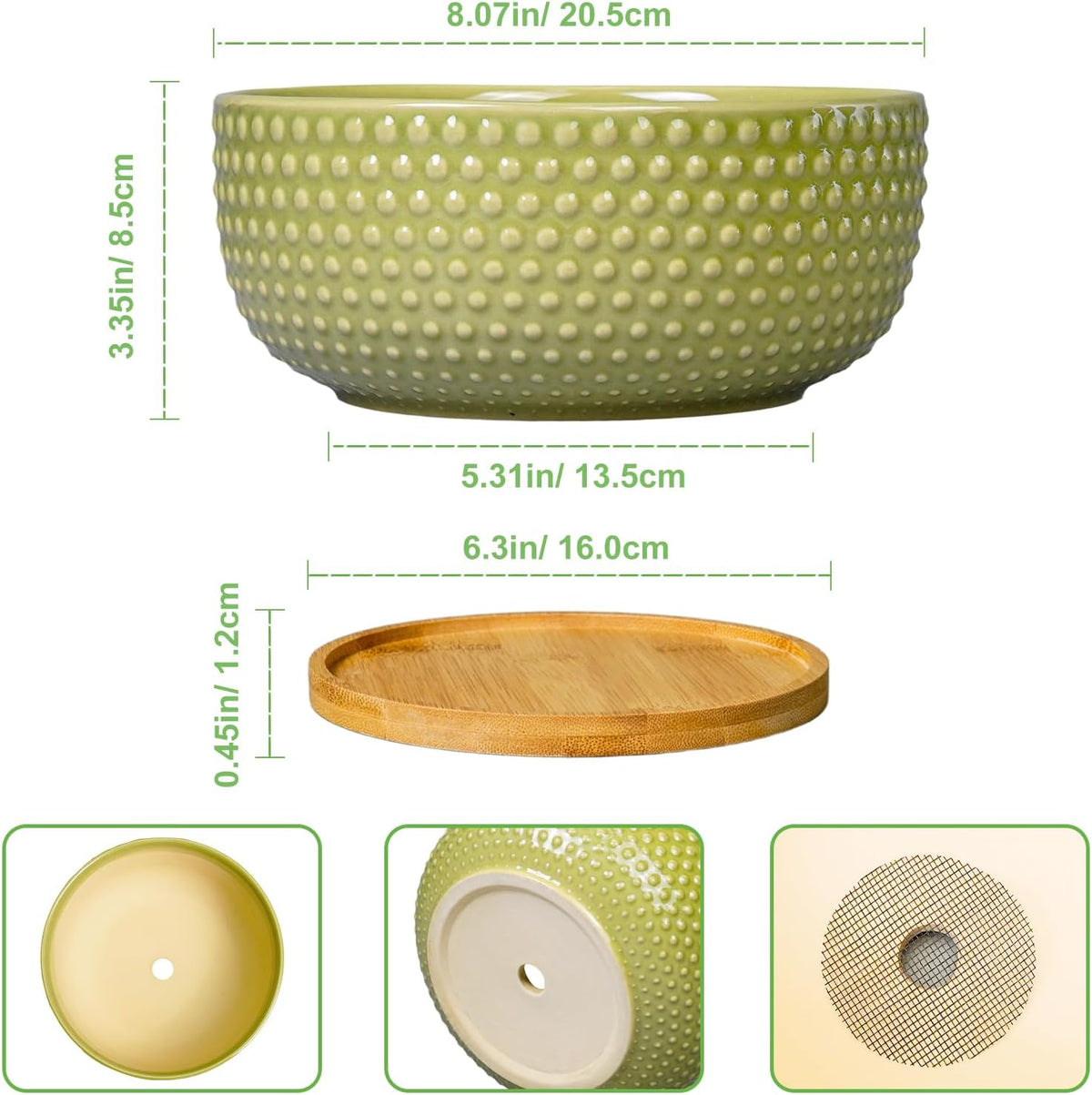 Bonsai Planter - 8 Inch Ceramic Succulent Pots with Drainage Hole and Saucer for Indoor Plants, Boho Shallow Round Planter Bowl, Desk Decor, Garden Lover Gifts, Green