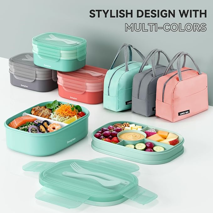 2 Layers Bento Box, All-in-One Stackable Lunch Container with Compartments, 64oz Leakproof Microwave Safe Dishwasher Safe Bento Box with Lunch Bag and Utensil Set for Kids and Adults