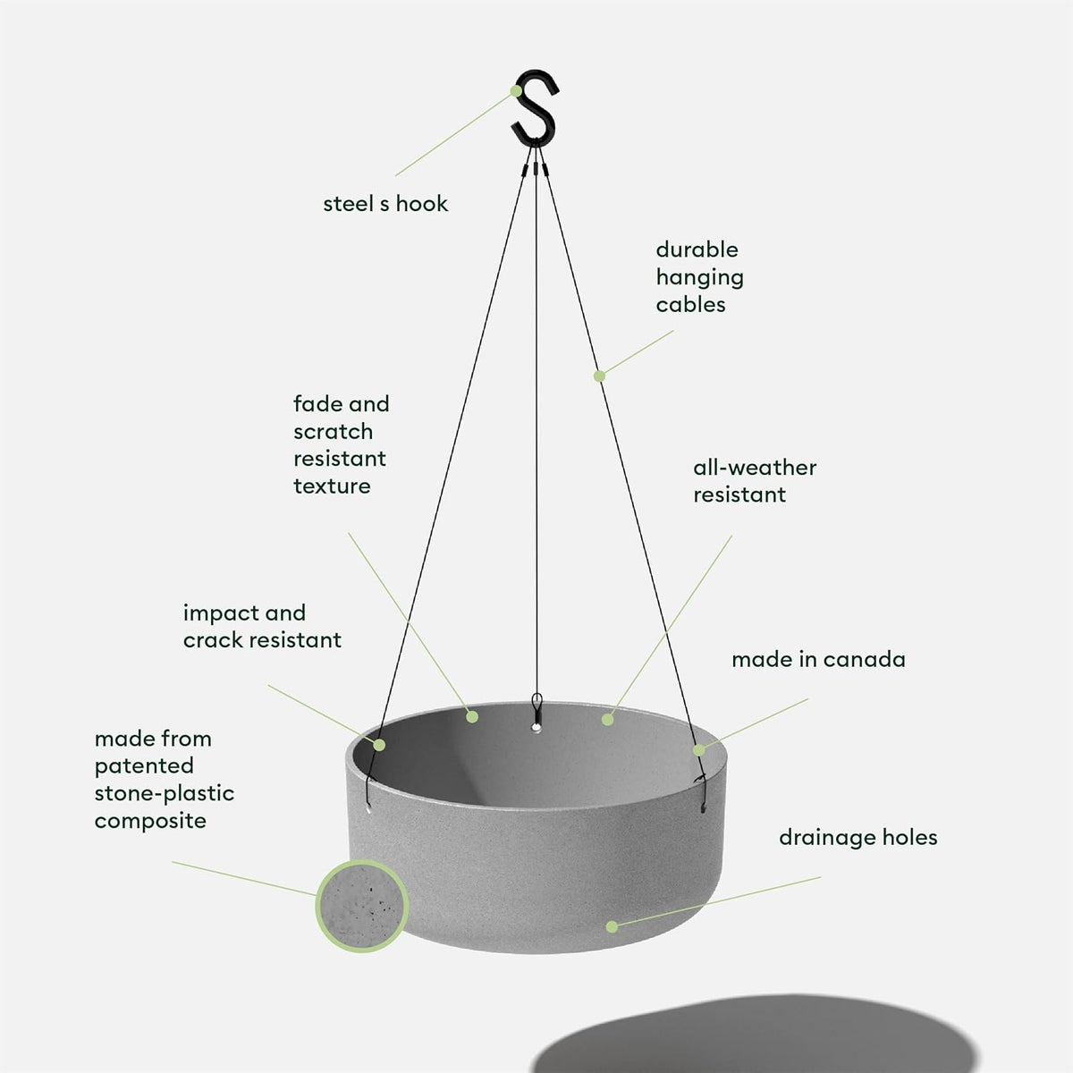 Veradek Mason Series Hanging Kona Planter - Round Planter for Outdoor Balcony/Patio | Made from Plastic-Stone Composite with Hanging Attachment | Modern Décor for, Flowers, Succulents, Small Plants