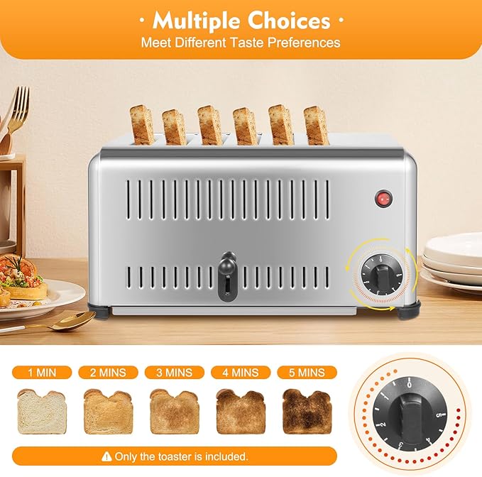 Stainless Steel 6 Slice Toaster, Electric Bread Baking Machine Commercial Toaster with Crumb Tray and Timer Bread Toasters for Home Kitchen Restaurant Bakery (2 Modes/1680W)