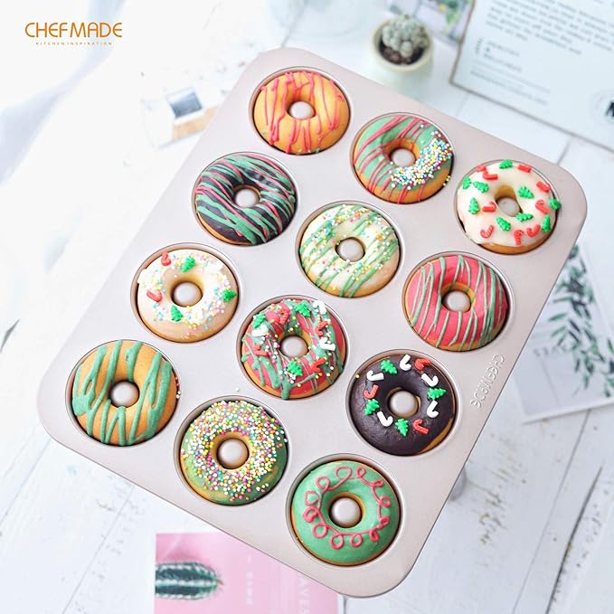 CHEFMADE Donut Mold Cake Pan, 12-Cavity Non-Stick Ring Doughnut Bakeware for Oven Baking (Champagne Gold)