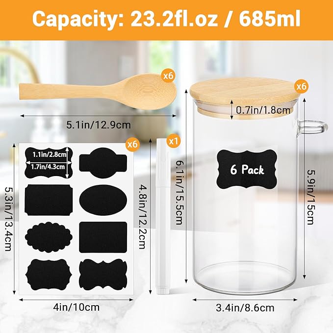 Glass Jars with Bamboo Lids and Spoon - 6 Pack 23 Fl.oz Glass Canisters Set with Airtight Lids, Labels and Marker, Loose Leaf Tea Jar Clear Pantry Storage Containers for Bean, Oats, Cereal