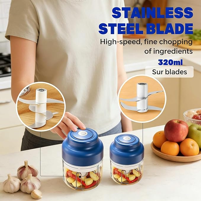 Electric Garlic Chopper Mini, Upgraded Rechargeable Veggie Chopper With Storage and Cover, One-Touch Food Processor with 4 Stainless Steel Blades for Onion Meat Chili Ginger (Purple, 320ml)