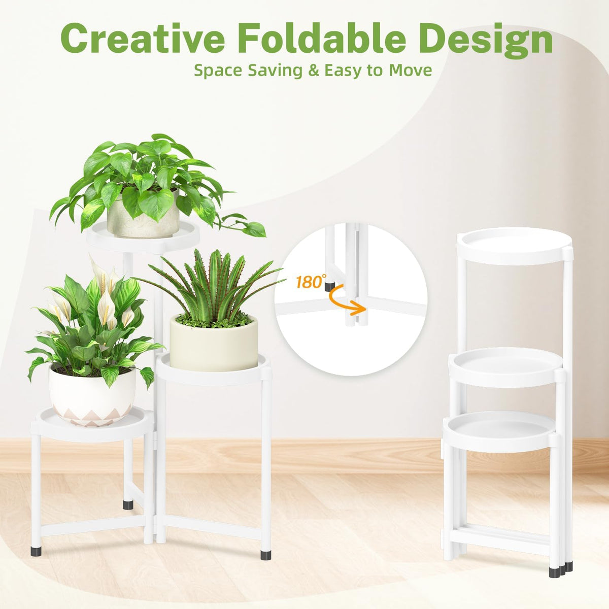 iDavosic.ly 3 Tier Folding Plant Stand Indoor Outdoor with Plastic Tray, Tiered Corner Flower Holder Shelf, Metal Orchid Display Rack for Patio Porch Living Room Garden Balcony, White